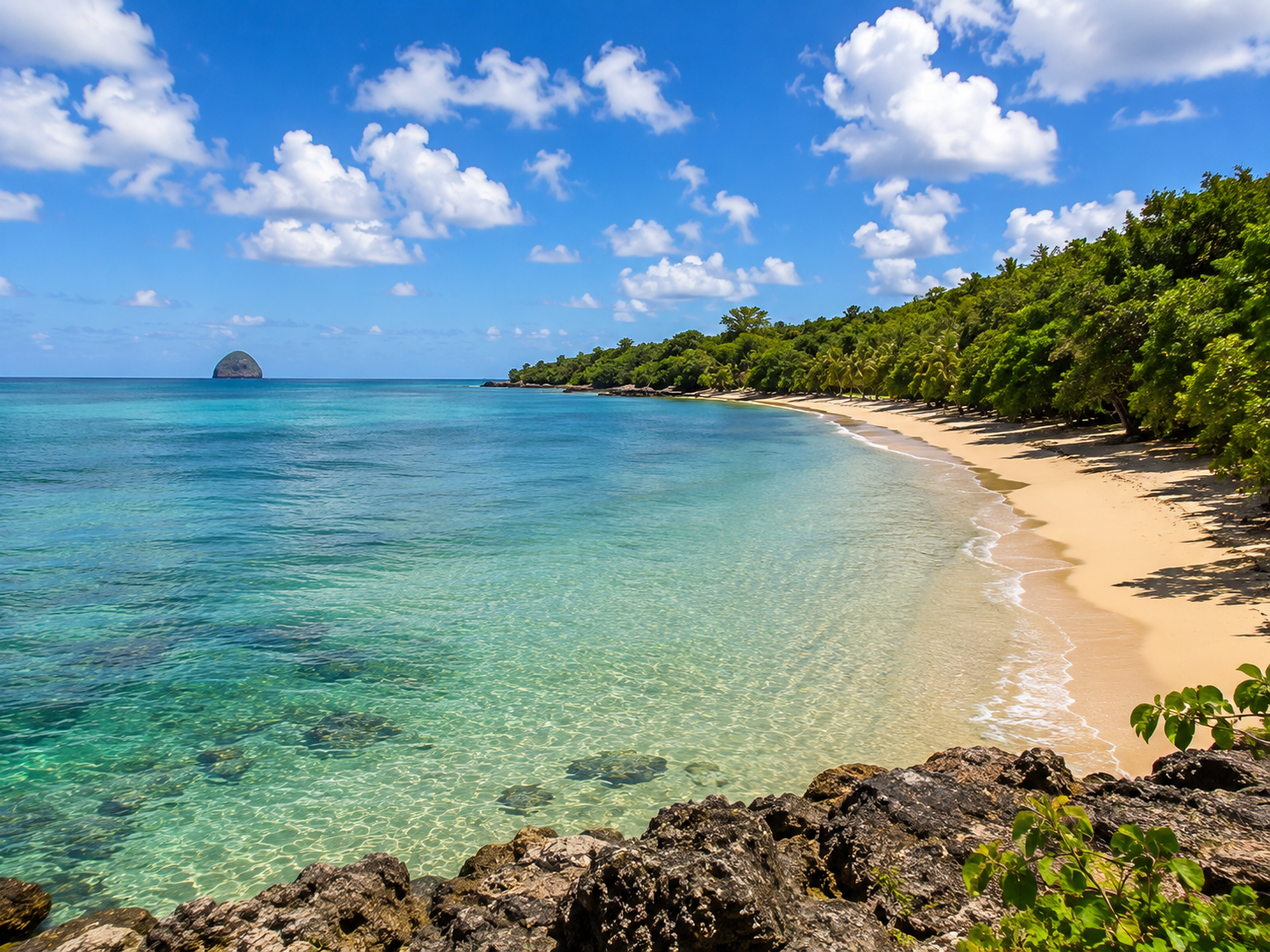 Plage d'Anse Mabouya à Sainte-Luce en Martinique vue depuis le sentier littoral, avec le Rocher du Diamant au loin.