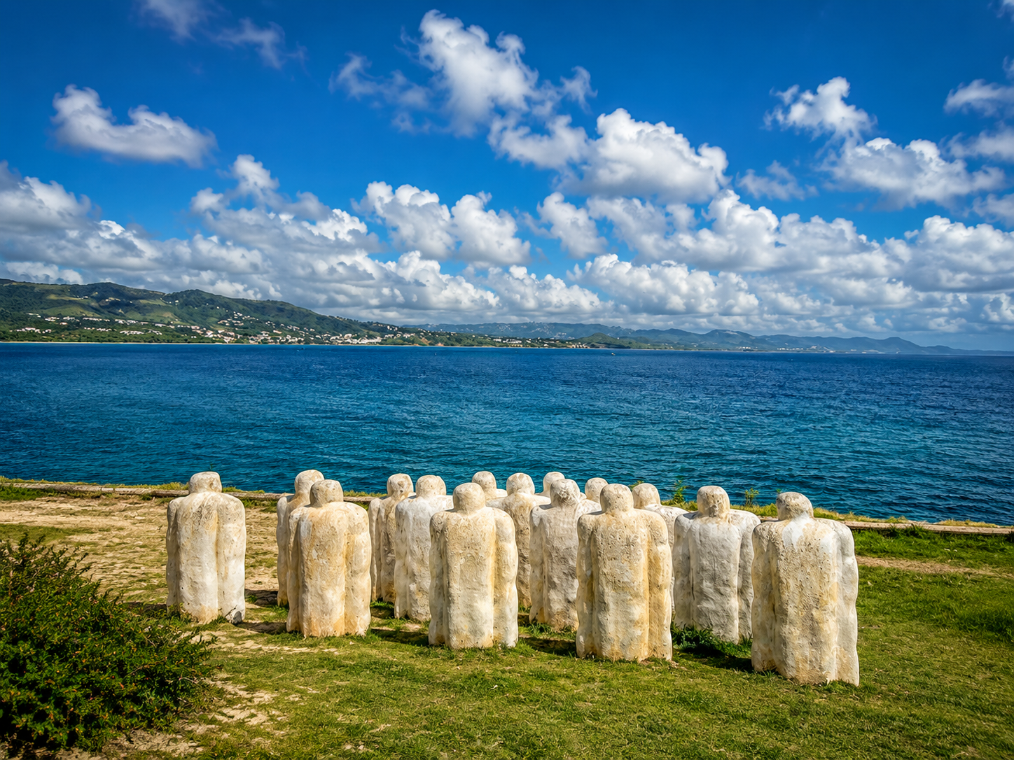 Statues blanches du Mémorial Cap 110 face à la mer et aux montagnes en Martinique.