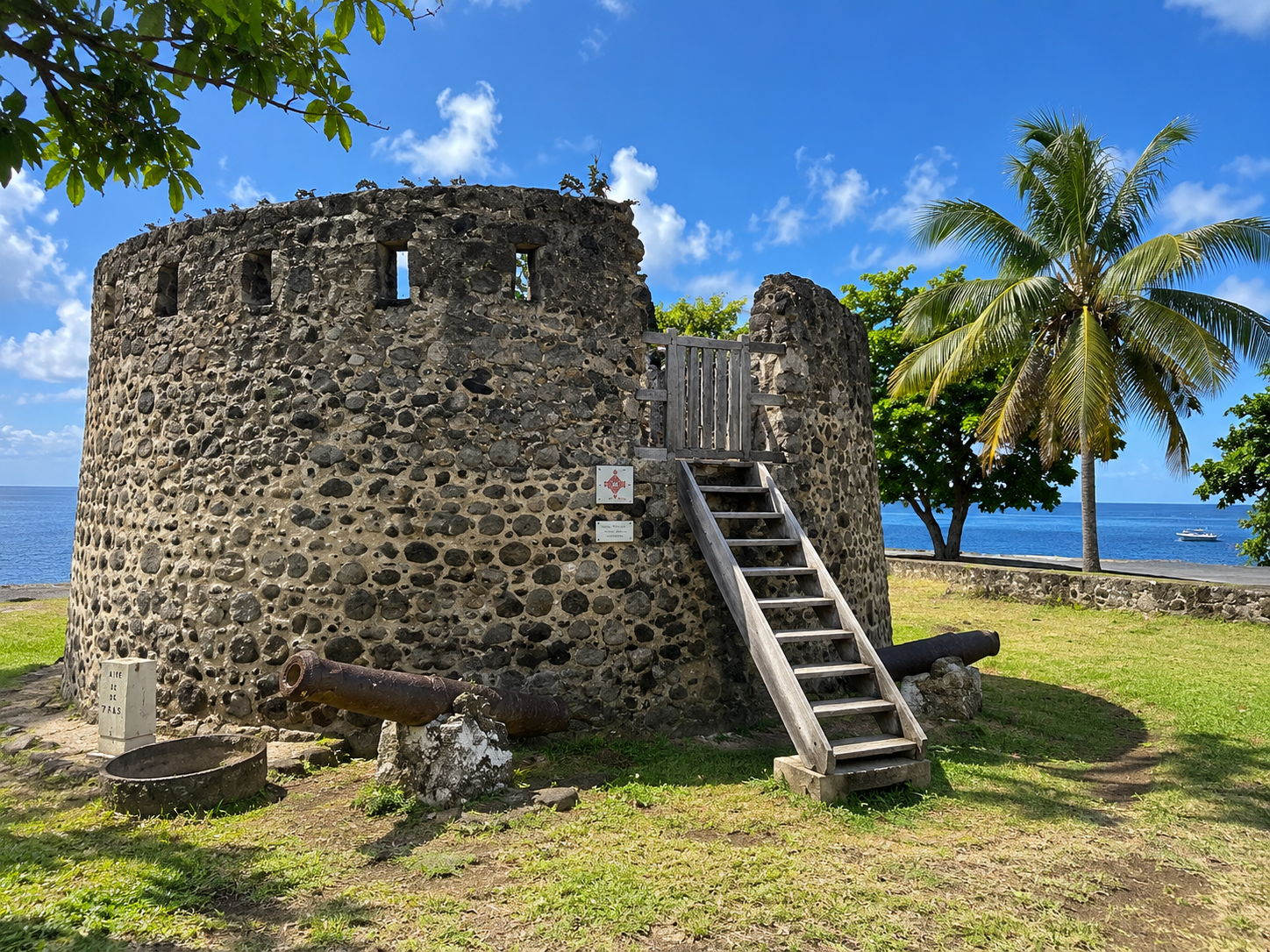 Tour du Père Labat à Baillif en Guadeloupe, ancienne fortification côtière en pierre volcanique face à la mer des Caraïbes.