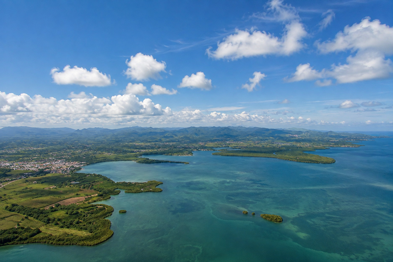 Vue aérienne du Grand Cul-de-Sac Marin en Guadeloupe, entre mangroves et eaux turquoise