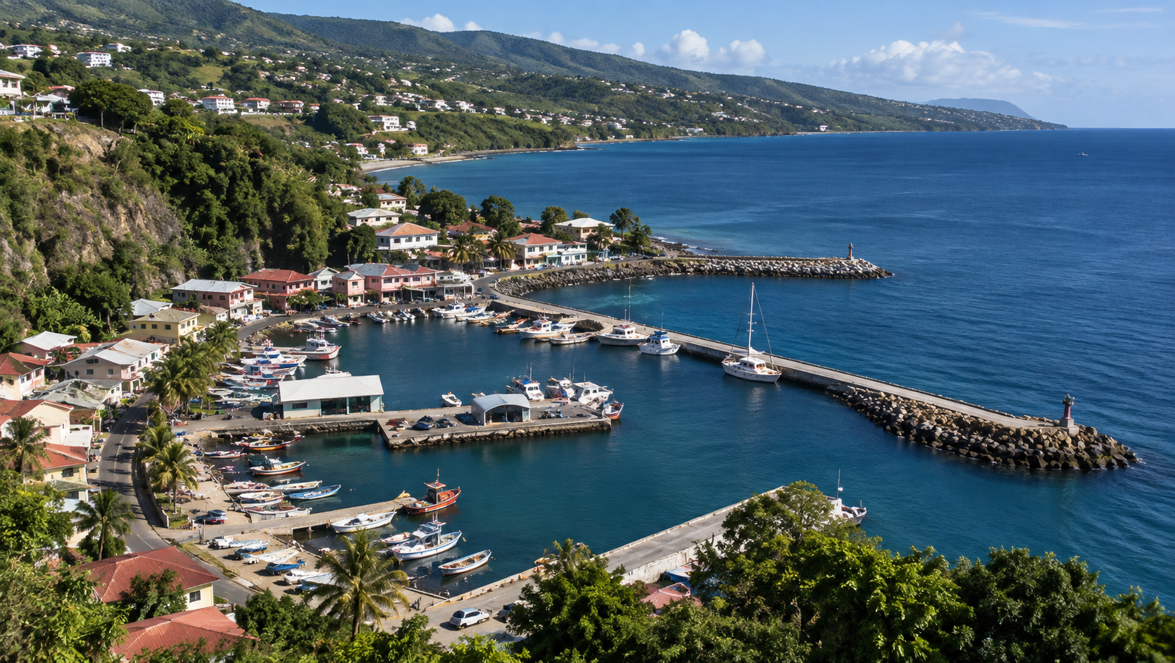 Vue aérienne du port de pêche de Case-Pilote en Martinique, avec bateaux de pêche, marina, digue et eaux turquoise de la mer des Caraïbes.