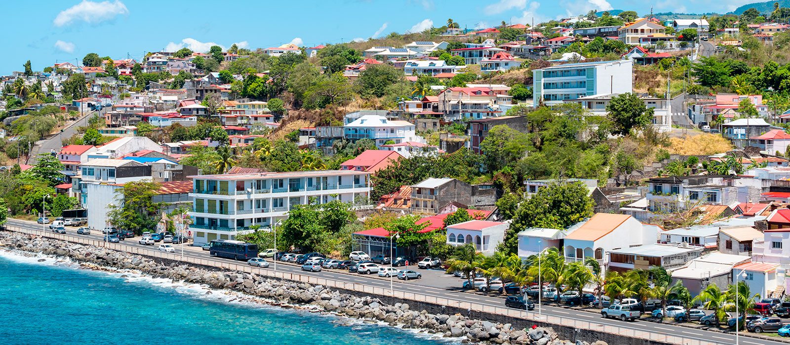 Vue panoramique aérienne du front de mer de Basse-Terre en Guadeloupe, montrant des habitations colorées à flanc de colline, une route côtière bordée de voitures garées et une mer turquoise au premier plan.
